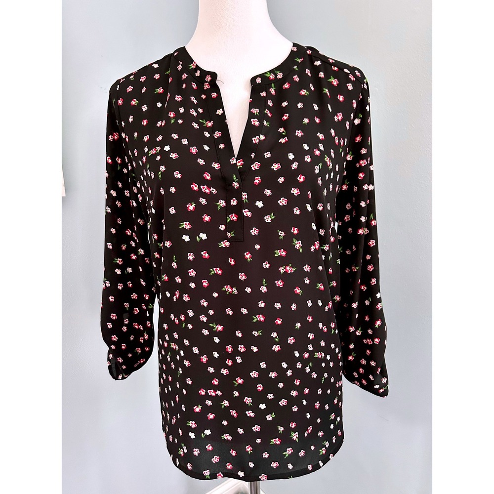 danielrainn black floral print 3/4 sleeve tunic blouse womens size medium